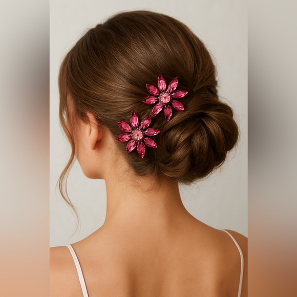 🌸 Tarina Tarantino Pink Swarovski Flower Hair Clips – Set of 2 - Picture 7 of 7